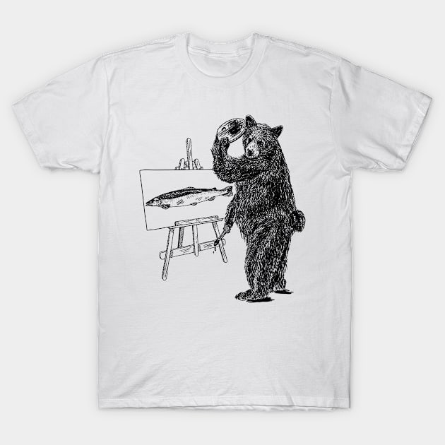 Bear Painting Fish Drawing T-Shirt by Greydn